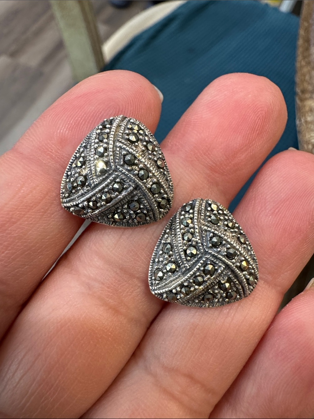 925 Sterling Silver Vintage Real Marcasite Gem Triangle pierced back Earrings
